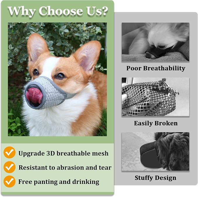 Dog Muzzle, Puppy Soft Mesh Muzzles for Grooming Biting Chewing | Breathable Muzzle for Small Dogs Toy Poodle, Dachshund, For Vet Visits, Nail Trimming, Allows Panting Drinking | Grey, XS