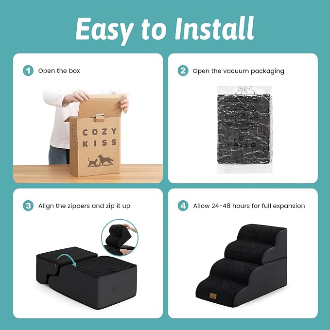 COZY KISS Detachable Curved Dog Stairs 19.7" H, 4 Step Small Dog Step for Puppy or Older Cat, Ramp for Bed, Sofa, Couch or Chair, Ladder with High Density Foam, 15.7x28.3x19.7 inch, Black