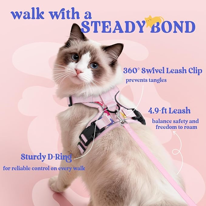 rabbitgoo Cat Harness and Leash Set, Escape Proof Vest, Purrty Pink | Soft Breathable Mesh, Easy Adjustable Fit, Snap Buckles, Sturdy Clip, Reflective Strips, for Medium to Large Cats Walks, M