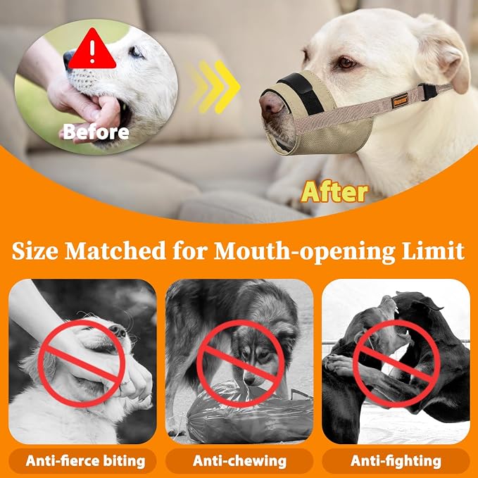Adjustable Dog Muzzle, Fabric Medium Large Dog Muzzle Anti Biting | Soft & Sturdy, Prevents Fierce Barking Chewing, Grooming Walking Vet Visits Nail Care Use, Allows to Pant & Drink | Khaki, S