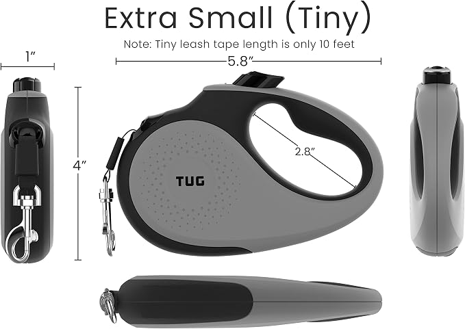 TUG Tiny Retractable Dog Leash, 10 ft (Extra Small, Grey) | 360° Tangle-Free Retraction, 10 ft Tape, Quick Thumb Lock, Anti-Slip Handle, For Pets Under 26 lbs