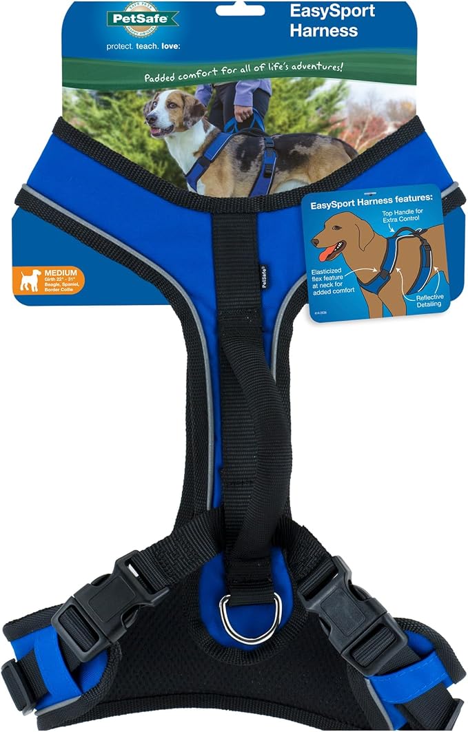 PetSafe EasySport Dog Harness, Blue, Medium | Padded, Elastic Neckline Harness for Active Dogs, Reflective Piping for Visibility, Top Control Handle, Rear Leash Clip