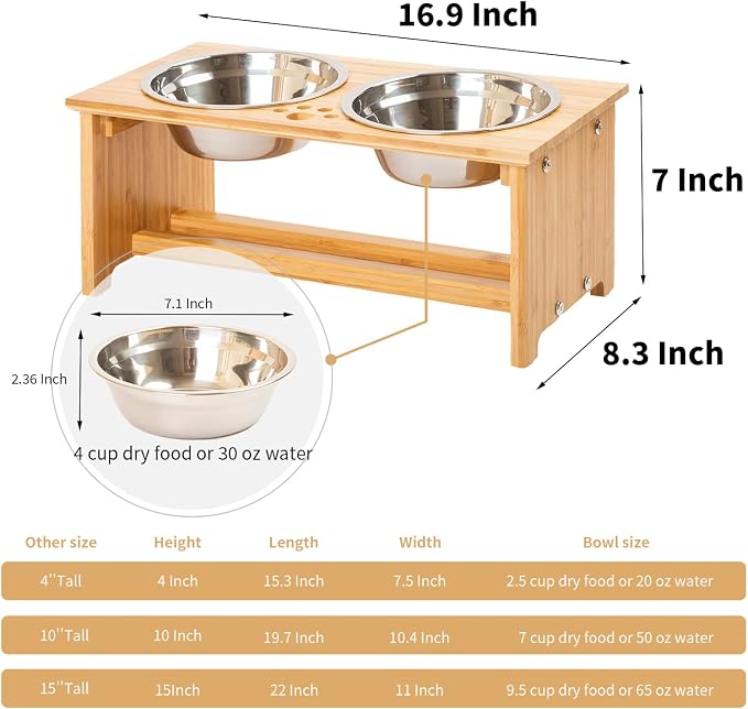FOREYY Raised Pet Bowls for Small and Medium Dogs, Bamboo Elevated Dog Cat Food and Water Bowls Stand Feeder with 2 Stainless Steel Bowls and Anti Slip Feet (New 7'' Tall)