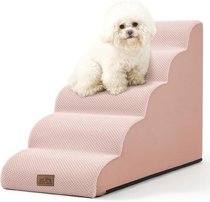 COZY KISS Dog Stairs for High Bed 22.6" H, Small Dog Step for Puppy, Older or Cat, Curved Ramp for Car, Ladder with High Density Foam, Lightweight, Durable, 15.7x33x22.6 inch, 5 Step, Pink