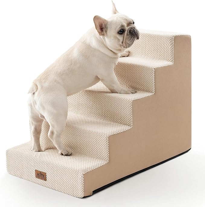 COZY KISS Dog Stairs for Small Dogs, 5 Step Pet Stairs for Beds & Couches | 23.6" H Wider Non-Slip Dog Steps for Bed, Ideal for Puppies, Senior Cats, and Small to Medium Dogs, 19.7x29.5x23.6 in, Beige