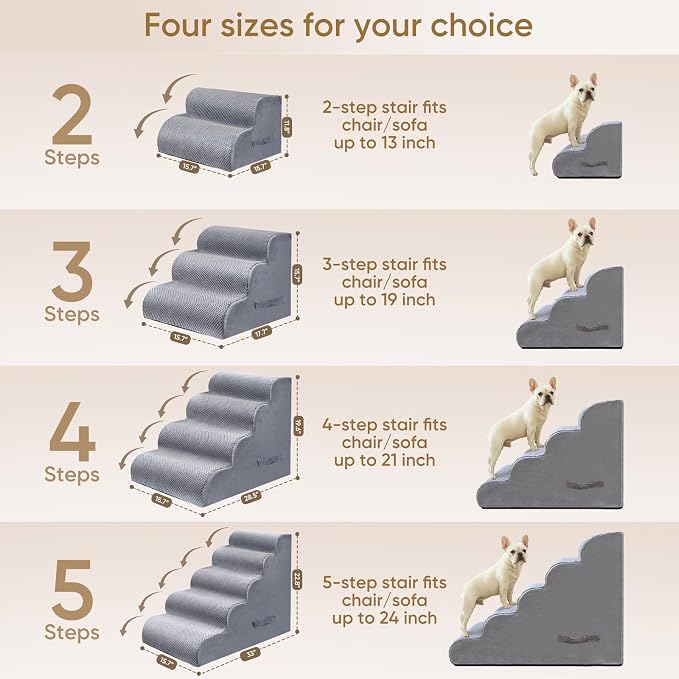 PAWSCRAT Pet Stairs for Dogs 5-Step, 22.8" H Pet Stairs for High Bed, Couch Sofa & Chair, 30D Material Soft Foam Dog Steps with Non-Slip Bottom Surface Removable Washable Cover, LightGrey
