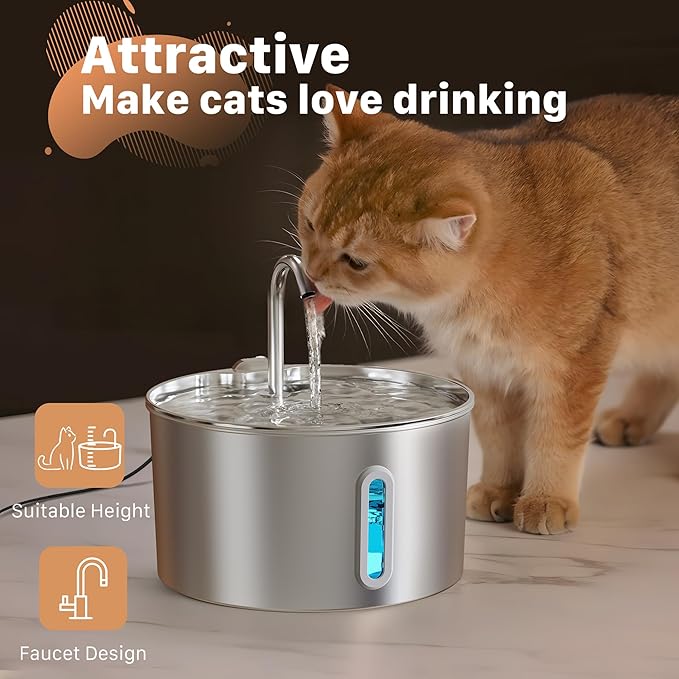 Cat Water Fountain Stainless Steel: 74oz/2.2L Cat Fountain for Drinking - Pet Water Fountain for Cats Inside - Automatic Cat Water Dispenser Bowl - Cat Feeding & Watering Supplies 6 Filters 3 Sponges