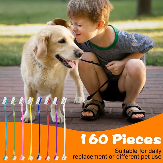 160Pcs Dual Head Dog Toothbrushes, Long Handle for Puppy Cat Dental Care