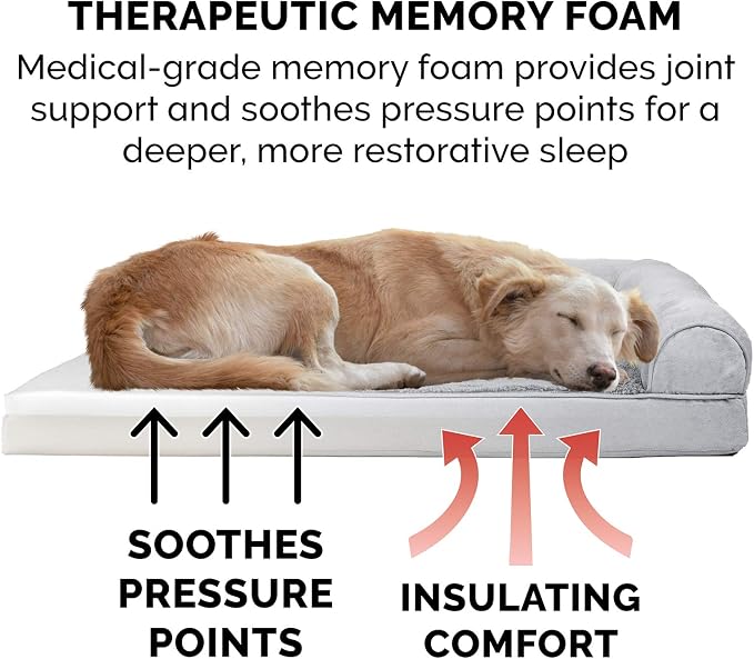 Furhaven Memory Foam Dog Bed for Large/Medium Dogs w/ Removable Bolsters & Washable Cover, For Dogs Up to 55 lbs - Plush & Suede Sofa - Gray, Large