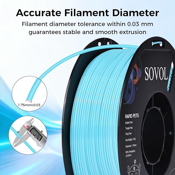Sovol 3D Printer Rapid PETG Filament 1.75mm 1KG (2.2lbs), High Precision, Strong Toughness, Wiring Tightness, Dimensional Accuracy +/- 0.03 mm, 3D Printing High Speed PETG Filaments, Light Blue