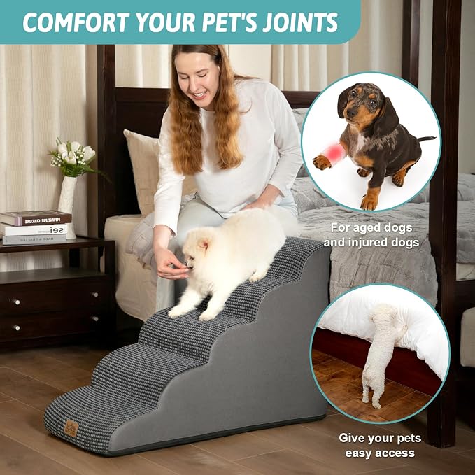 COZY KISS Dog Stairs for High Bed 22.6" H, Small Dog Step for Puppy, Older or Cat, Curved Ramp for Car, Ladder with High Density Foam, Lightweight, Durable, 15.7x33x22.6 inch, 5 Step, Charcoal Grey