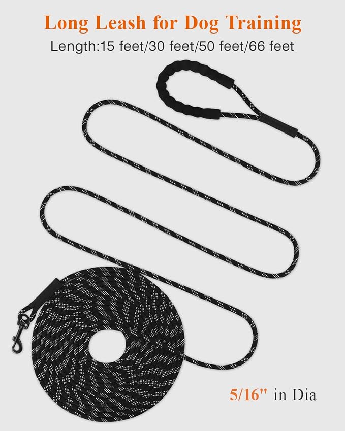 Taglory Long Dog Leash, 15FT 30FT 50FT 66FT Reflective Heavy Duty Rope Leash with Soft Padded Handle for Large Medium Dogs Backyard Training, Camping & Hiking, Black 50FT