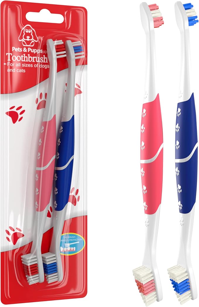 Pet Toothbrush for Dogs, Cats with Soft Bristles - Easy Teeth Cleaning & Dental Care, Non Slip Dual Head Dog Toothbrush for Medium & Large Pets, Toothpaste Not Included (Pack of 2(Blue & Pink))