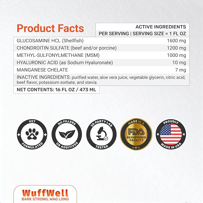 WuffWell Liquid Glucosamine Hip & Joint Support for Dogs, USA Made, 16oz