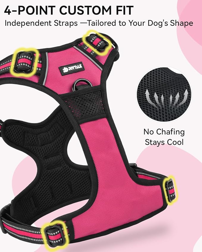Joytale No Pull Dog Harness & Seat Belt, Easy On 3-Buckle, L, Hot Pink | Front Clip Reduces Pulling, Escape-Resistant Design, Adjustable Fit, Soft Padding for Comfort, Secure Tether for Safer Travel