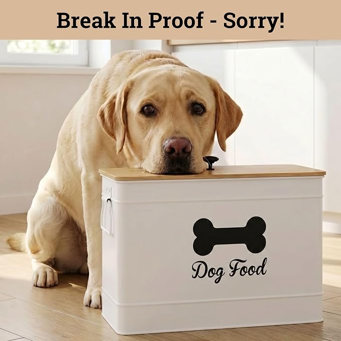 Metal Dog Food Container 15-20 lbs w/ Airtight Bamboo Lid, 20 lbs, Bamboo, White