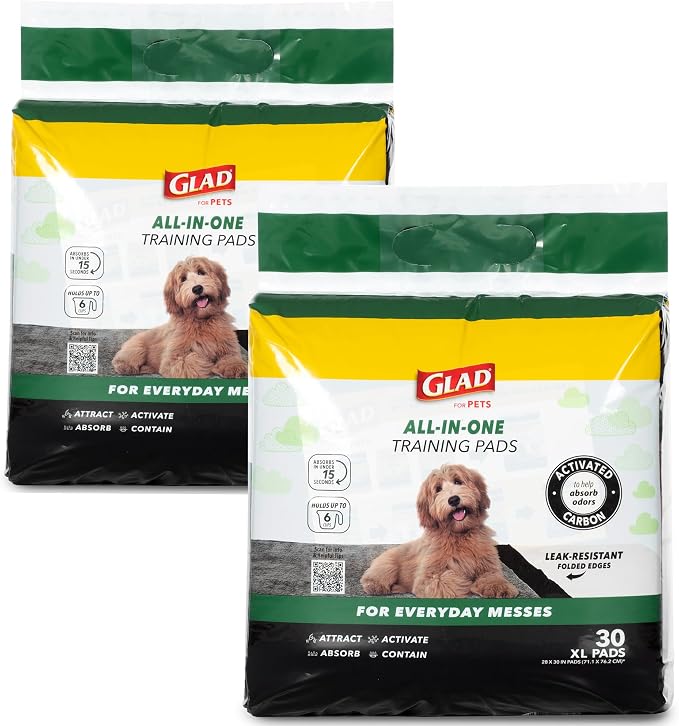 Glad for Pets Extra Large Charcoal Training Pads for Dogs and Puppies, Activated Carbon Odor Control, 6-Layer Absorbent Leak-Proof Pee Pads with Pheromone Attractant, 28 x 30 in, 30 Count - 2 Pack