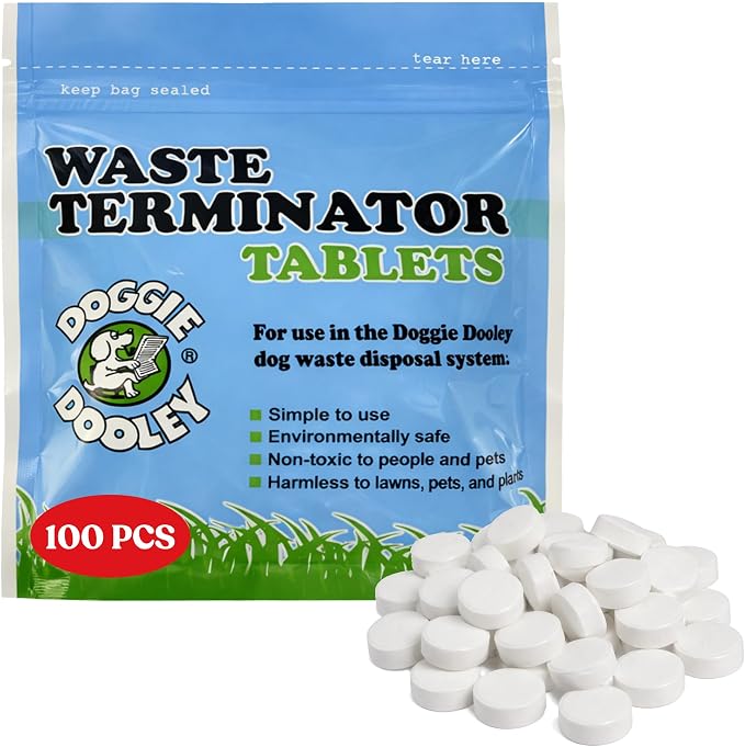 Doggie Dooley Waste Terminator Tablets - 100 Count - Pet Digester Concentrate for In-Ground Disposal Unit - Break Down Solid Waste - Resealable Pouch - Weekly Formula for Large Breeds - White