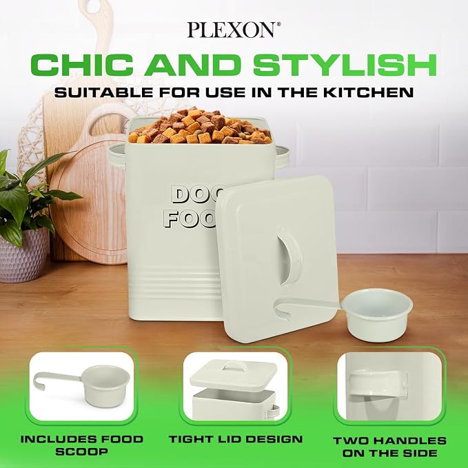 Plexon Metal Dog Food Storage Container with Scoop, 1.5 Gallon, 7 lbs, Off-White