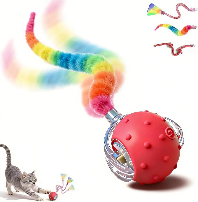 Interactive Cat Toy, Auto Chirping Ball w/ 3 Tails, Self Play Indoor | USB-C charge, 2 modes, obstacle avoid, soft TPE tails, quiet, LED, durable ABS, Easter gift boredom relief red