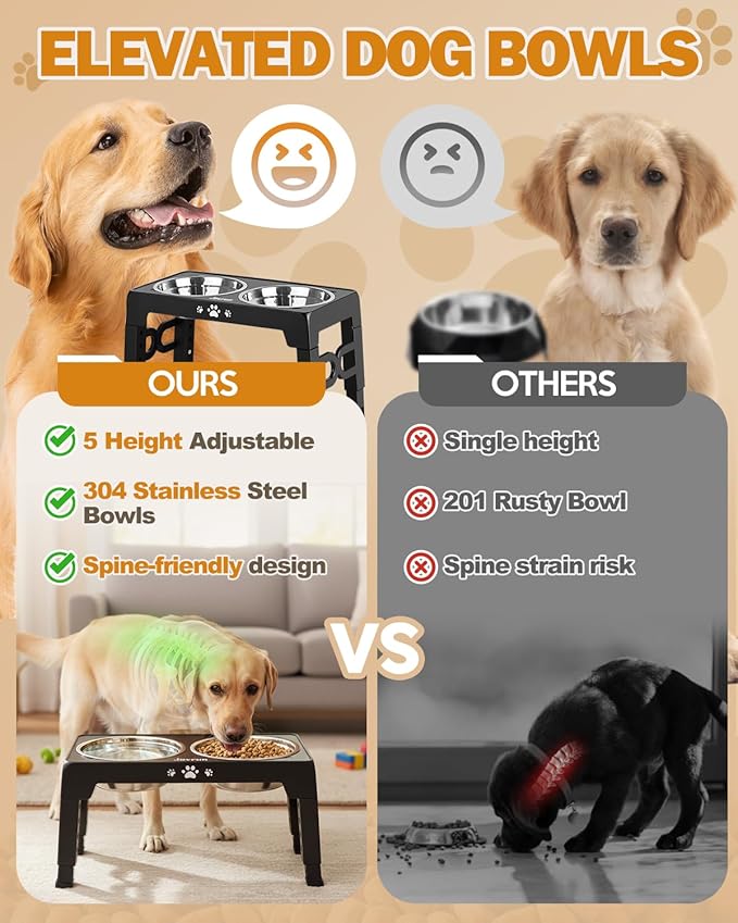 Jovrun Elevated Dog Bowls for Small Medium Large Size Dogs, Non-Slip Dog Feeder with 2 Food Water Bowls, 2-5 Heights Adjustable Raised Bowls Stand