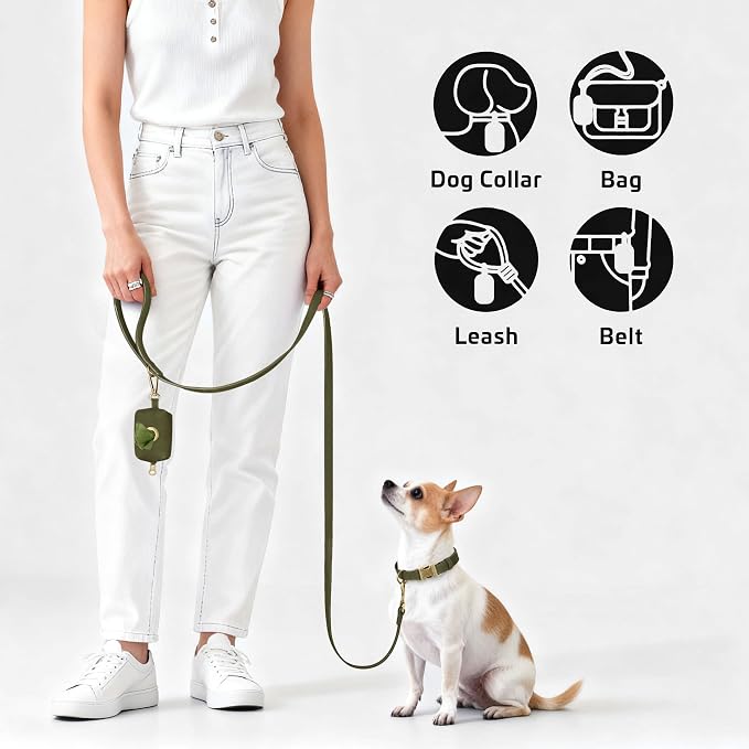 Didog Stylish Dog Poop Bag Holder for Leash, Easy-Pull and Colorful PU Leather Dog Poop Bag Dispenser with Metal Clip, Includes 1 Roll Pet Waste Bag for Daily Walking,Dark Green