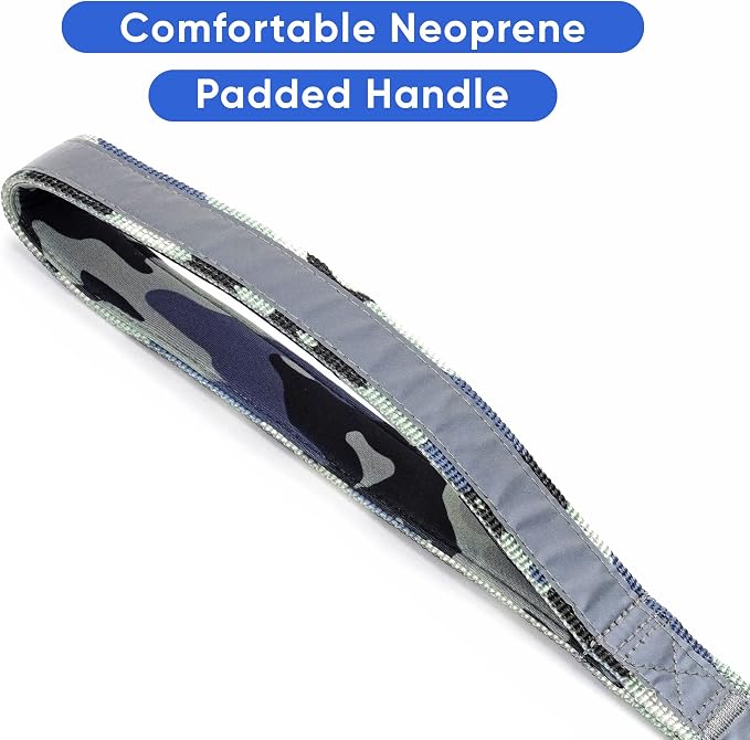 Pawtitas Camo Grey Dog Leash 6 ft Custom ID Lead for Dogs & Puppies Reflective Comfortable Padded Handle Embroidered Name & Phone Number