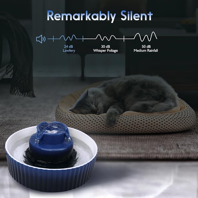 Lawfery Ceramic Cat Water Fountain, 2.1L/71oz Cat Fountain with 3 Carbon Filters and 2 Water Pumps, Cupcake Pet Water Fountain for Cats and Dogs (Dark Blue)