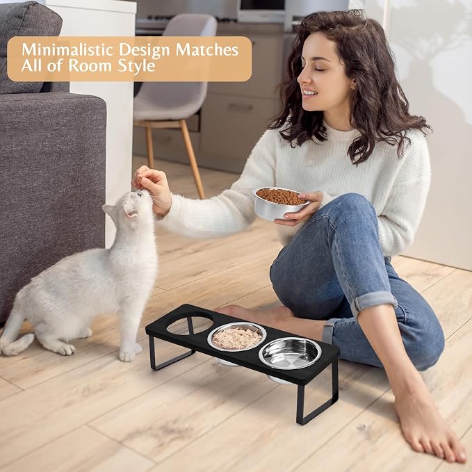 Elevated Cat Bowls for Food and Water: 15° Tilted Raised Cat Bowl Set Whisker Friendly 3 Black Stainless Steel Anti Vomiting Dishes with Stand for Indoor Kitty Kittens and Pet
