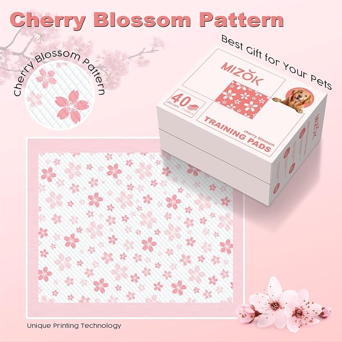 MIZOK Dog Pee Pads Extra Large 28"x34", Potty Pads for Big Dog Breeds, Super Absorbent & Leak-Proof, Pink Cherry Blossom Prints, Thick & Heavy, 4 Adhesive Tabs, XL (40 Counts)