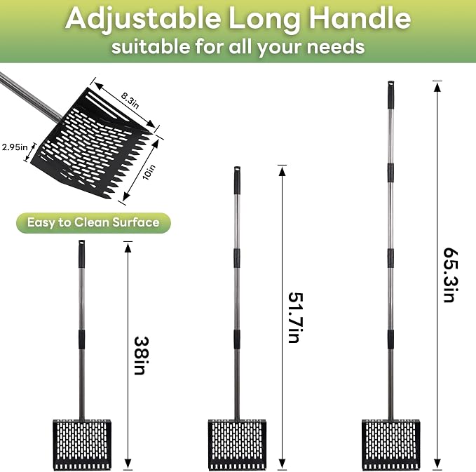 Chicken Poop Scooper & Rake 2-in-1, Adjustable 24'' to 66'' Metal Sand Sifting Shovel for Coop Cleaning, Effortless for Chicken Duck Rabbit Cages, Cat Litter, Fire Ash, Saving Time & Energy