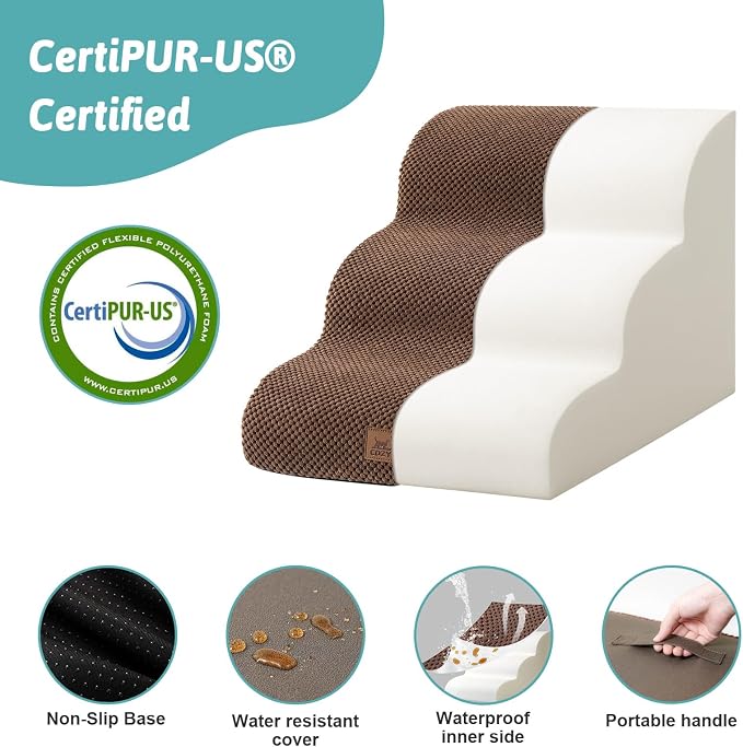 COZY KISS Dog Stairs for Small Dogs 15.7" H, Curved Dog Step for Puppy, Older Cat, Medium Pet Ramp for Sofa, Couch or Chair, Ladder with High Density Foam, 3 Step, 15.7x22.4x15.7 inch, Brown