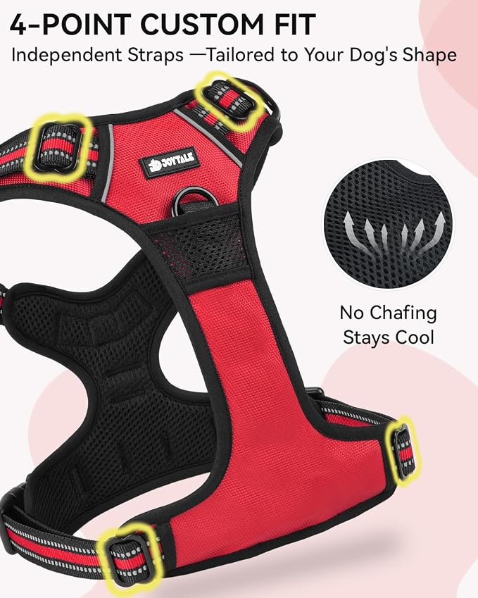 Joytale No Pull Dog Harness & Seat Belt, Easy On 3-Buckle, M, Red | Front Clip Reduces Pulling, Escape-Resistant Design, Adjustable Fit, Soft Padding for Comfort, Secure Tether for Safer Travel