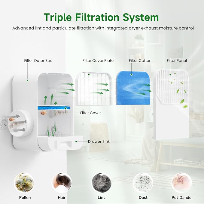 LuckIn 3-in-1 Indoor Dryer Vent Kit for Electric Dryer, Dryer Vent Cleaner Kit with Polyester Filter, 9.8ft Vent Hose and Water Drawer System, Dryer Vent Connector Kit for Apartments, Homes, and RV