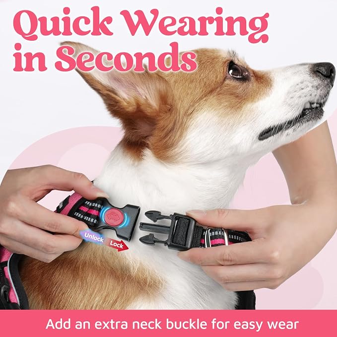 rabbitgoo Dog Harness Medium Sized, No Pull 3 Buckles Easy On & Off | Soft Padded, Walking with Control Handle, Adjustable and Reflective, Pink, Medium