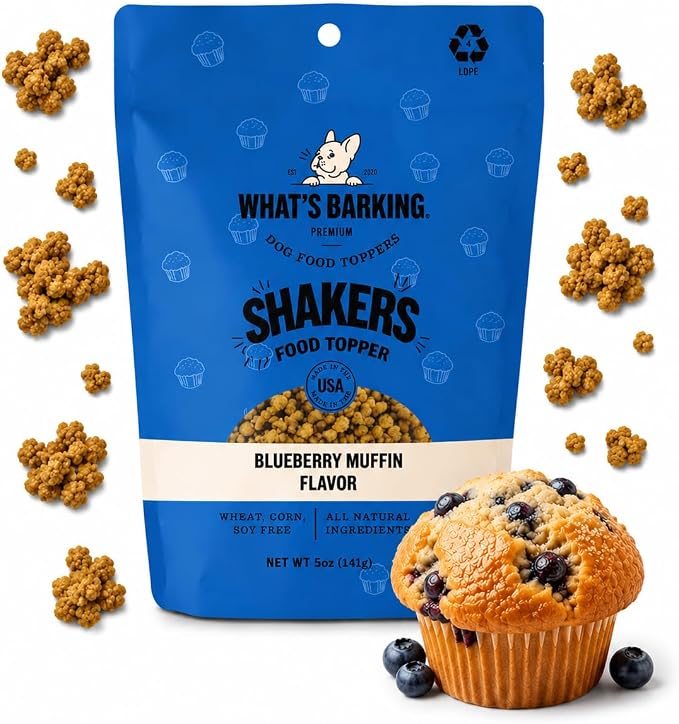 What's Barking Shakers Blueberry Muffin Dog Meal Topper, Treat Crumbles for Dog Food, Sprinkle Topper for Kibble or Wet Food, Made in USA, Resealable Bag