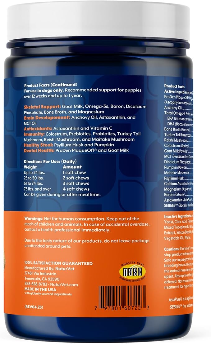 NaturVet All-in-One Puppy Daily Care, 6-in-1 Dog Support - 60 Count