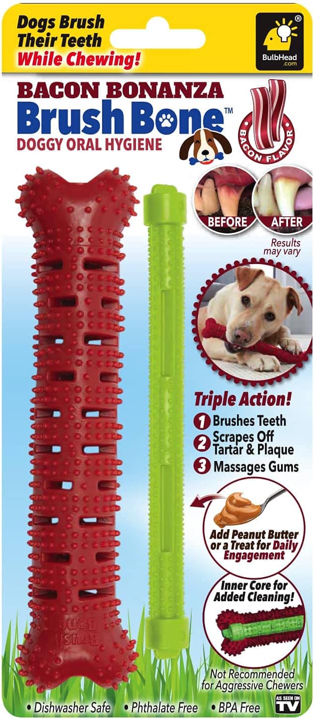BulbHead Bonanza Bone Toothbrush, Infused with Real Bacon Flavor – Dogs Brush Chewing, Plaque and Tartar Remover for Teeth, Works 3 Ways to Clean While They Play, 8 in. x 2 in, Red
