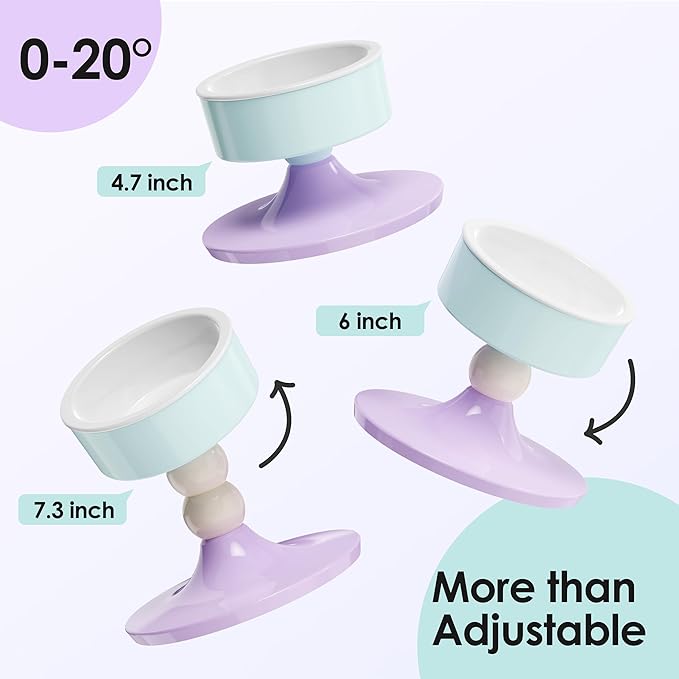 Ceramic Elevated Raised Cat Bowls,3 Heights Adjustable Raised Dog Bowl Stand for Indoor Cats and Small Dogs,15° Tilted Cat Food Feeding Dishes，Adjusts to 4.69", 5.98", 7.28" (Pink & White)