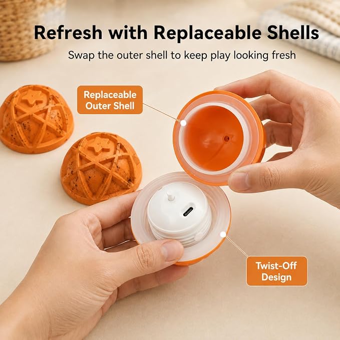 Interactive Dog Ball Replacement Shell, 4-Turn Thread, No Electronic Core | Panrio-compatible outer shell, tough rubber, transfer the original electronic core,wipe-clean maintenance,1 shell only,Orange