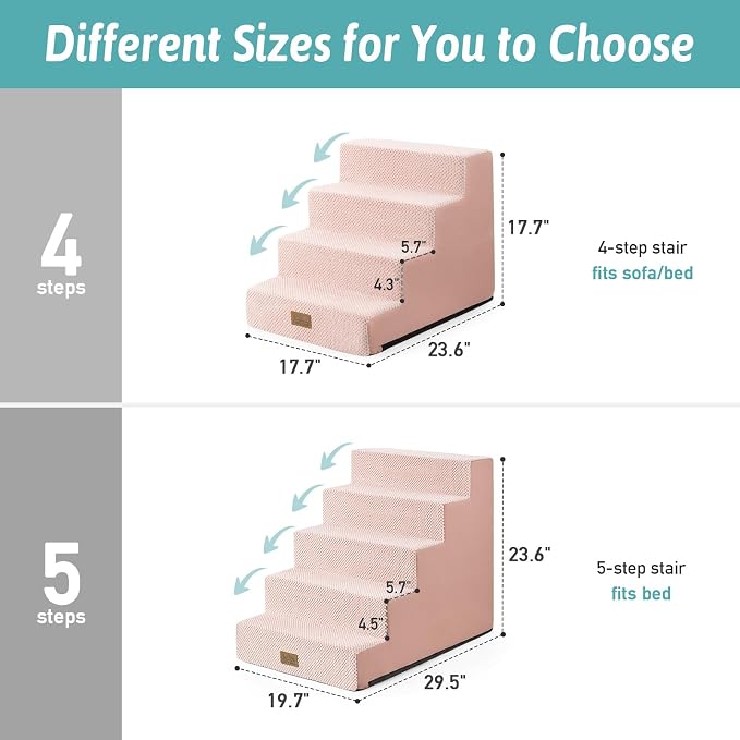 COZY KISS Dog Stairs for Small Dogs, 5 Step Pet Stairs for Beds & Couches | 23.6" H Wider Non-Slip Dog Steps for Bed, Ideal for Puppies, Senior Cats, and Small to Medium Dogs, 19.7x29.5x23.6 in, Pink