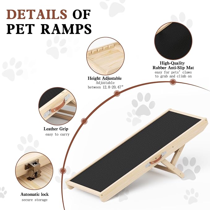 Dog Ramp for Couch, Wooden Pet Ramps 39.37" Long Adjustable 12"-20.47" Folding Puppy Ramps with Anti-Slip Rubber Mat, Dog Stairs for Small & Medium Older Dogs & Cats, up to 100lbs