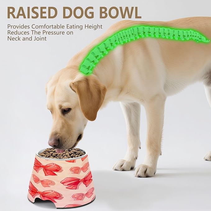 Blueangle Elevated Dog Bowls with Stainless Steel - Non-Slip 2.3 Cup High Capacity Pet Dish for Spinal Health & Red Bows Design（171）