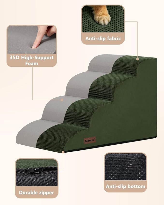 Aodisman Dog Stairs Ramp for Bed and Couch,4 Step Dog Steps for Small Dogs,Pet Stairs with Non-Slip Bottom for Old Cats,Indoor Pet Steps,Comfort,Durable,17.4" H,Green