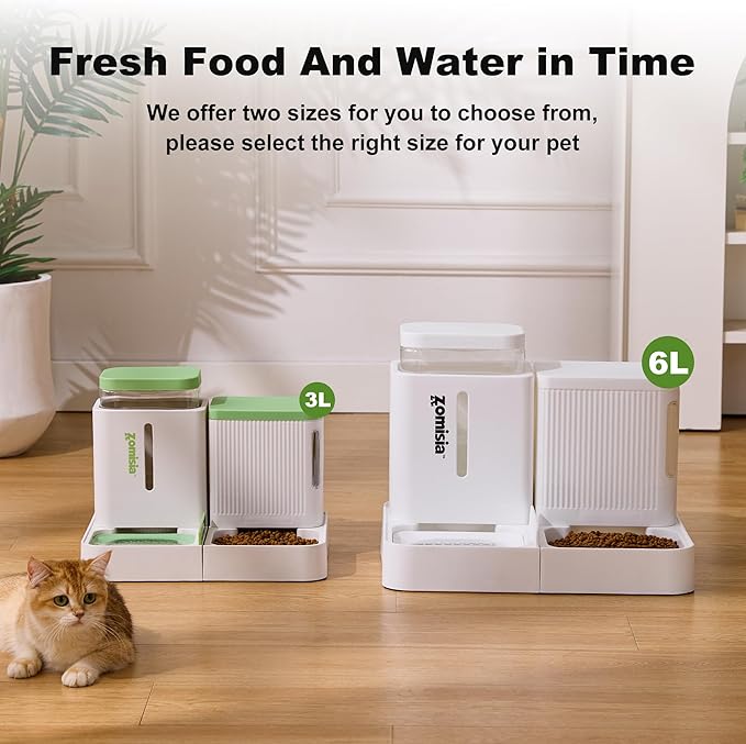 ZOMISIA Gravity Cat Feeder and Water Dispenser, 2 in 1 Automatic Cat Feeder with 180 Degree Rotatable, 2 Pack Large Capacity Self Feeding for Small Medium Dog Puppy Kitten, Grey, 0.8 Gallon x 2