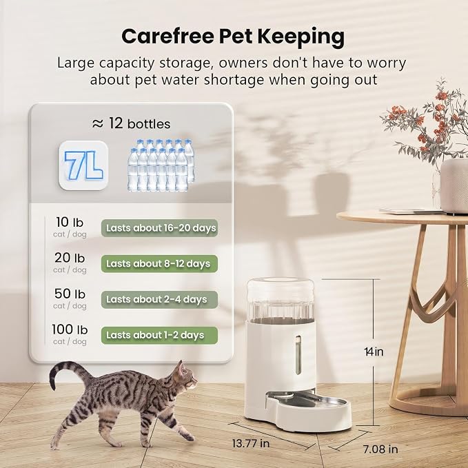 CZPET Dog Water Bowl Dispenser 7L, Wider Mouth & Upgraded Brush for Easy Cleaning Automatic Cat Gravity Refilling Waterer with Removable Stainless Steel Bowl, Large Drinking Area for Multi-Pet (White)