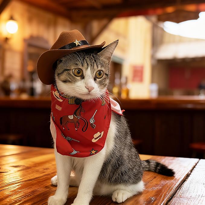 HOWWFALY Pet Cowboy Costume Set Dog Halloween Costumes Cat Cowboy Hat & Bandana Scarf, Small, Small, Red