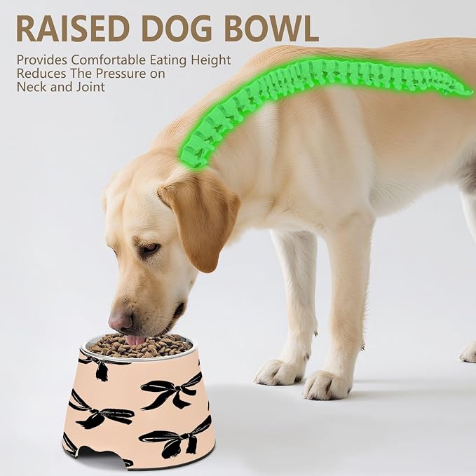 Blueangle Elevated Dog Bowls with Stainless Steel - Non-Slip 2.3 Cup High Capacity Pet Dish for Spinal Health & Black Bow Design（381）