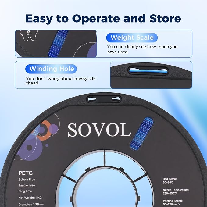 Sovol 3D Printer PETG Filament 1.75mm, Gradient Multicolors Filaments Material, 1kg (2.2lbs), Dimensional Accuracy +/- 0.03 mm, Fit Most FDM Printer, Blue