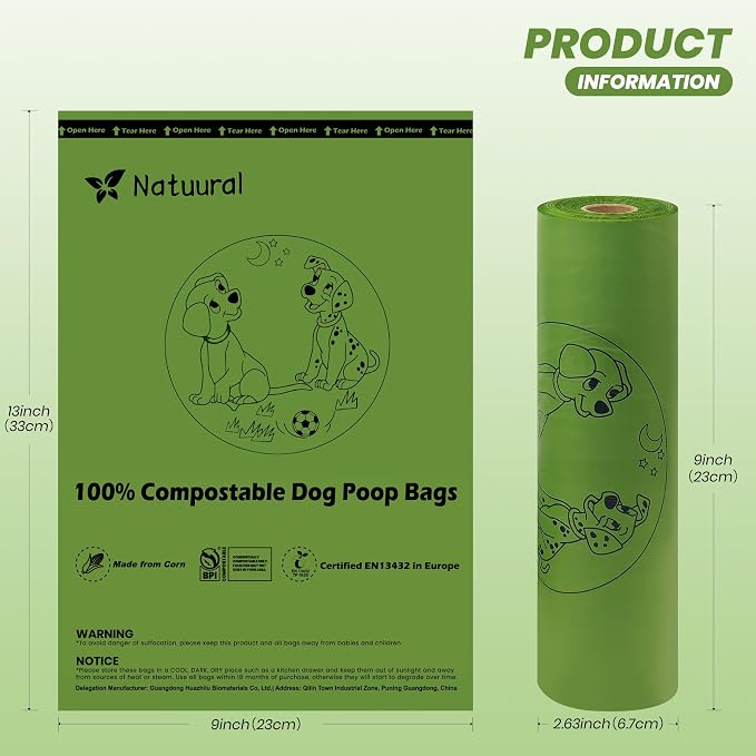 Compostable Dog Poop Bags-300 Bags 1Rolls, Poop Bags for Dogs Made of Cornstarch, Unscented, Ideal for Backyard or Home and Cat Litter Disposal